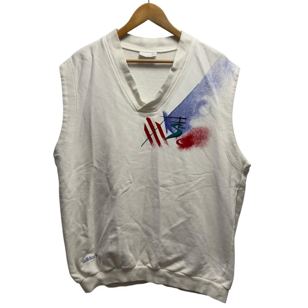 Vtg Adidas 80s Mens Size Large Stefan Edberg White V-Neck Sweatshirt Tennis Vest
